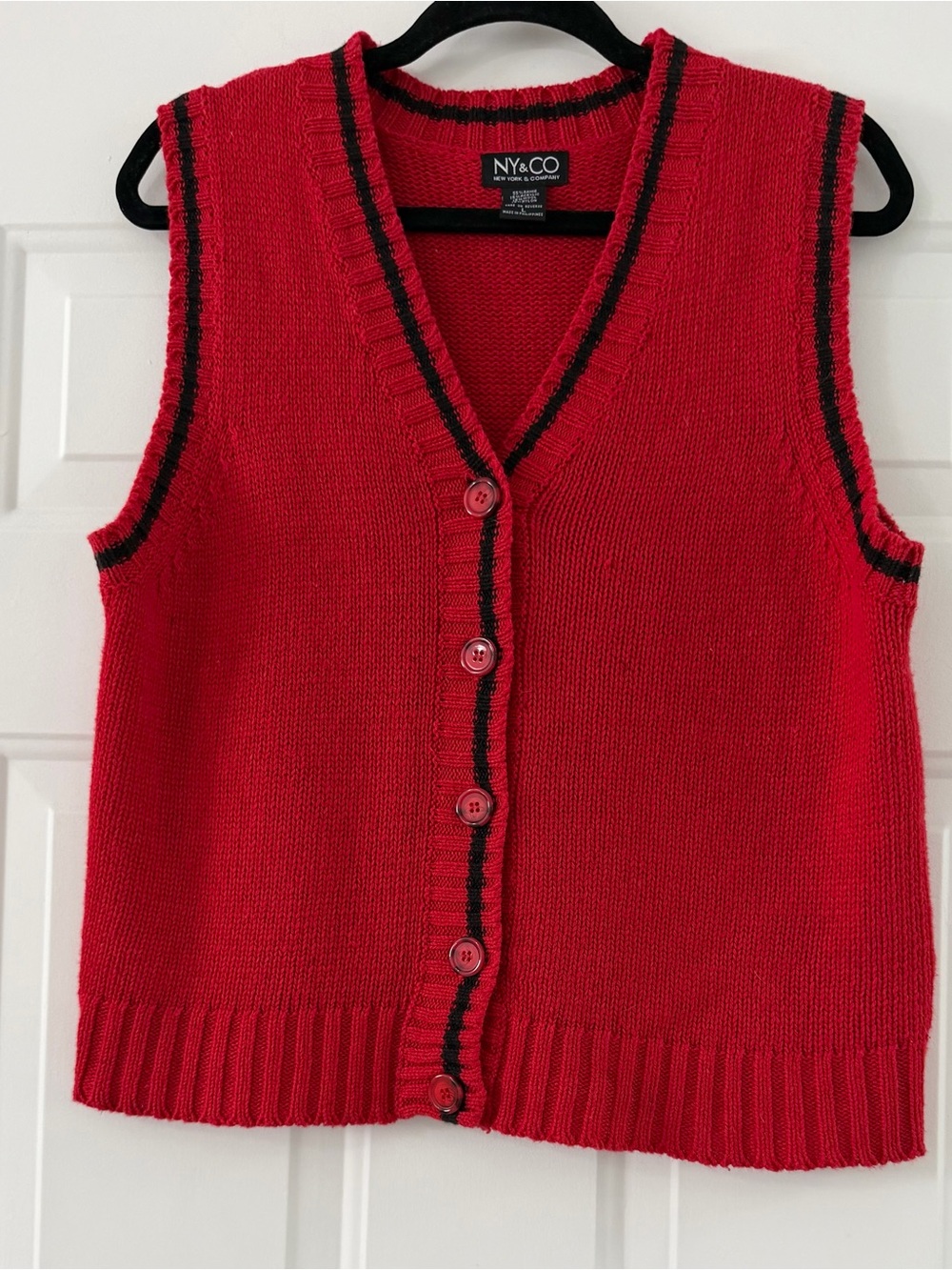 New York & Company Red V-Neck Button Front Sweater Vest with Black Trim